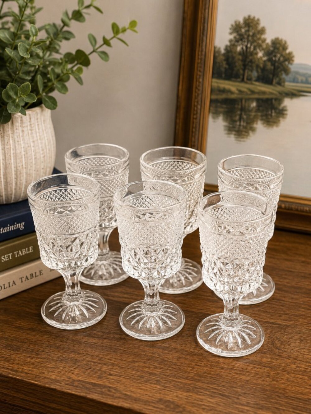 Anchor Hocking Wexford Wine Glasses Set of 6 Vintage Pressed Glass Goblets 5.75"